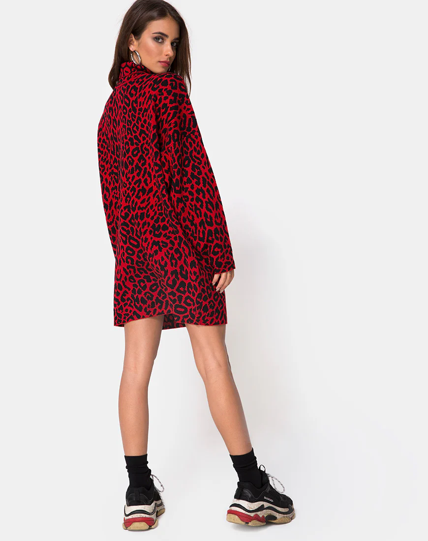 Neivie Jumper Dress in Animal Knit Red - Image 4