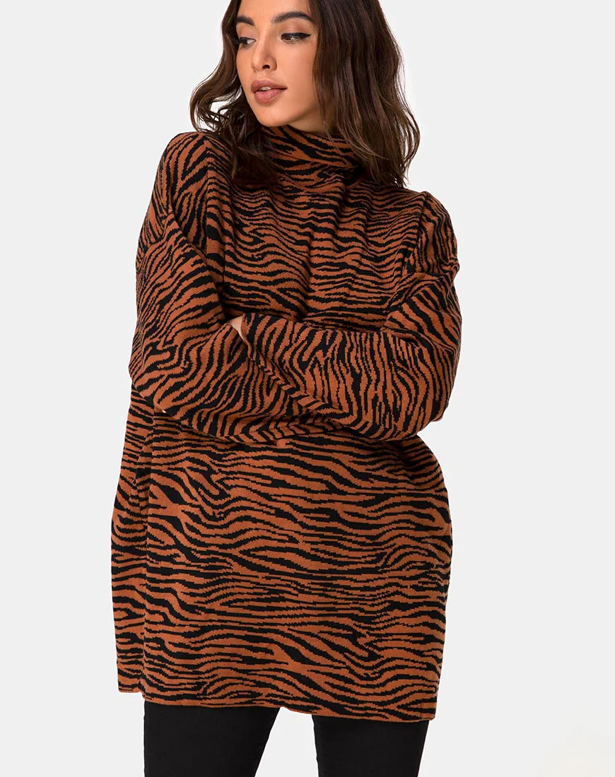 Neivie Roll Neck Jumper in Tiger Knit Brown - Image 2