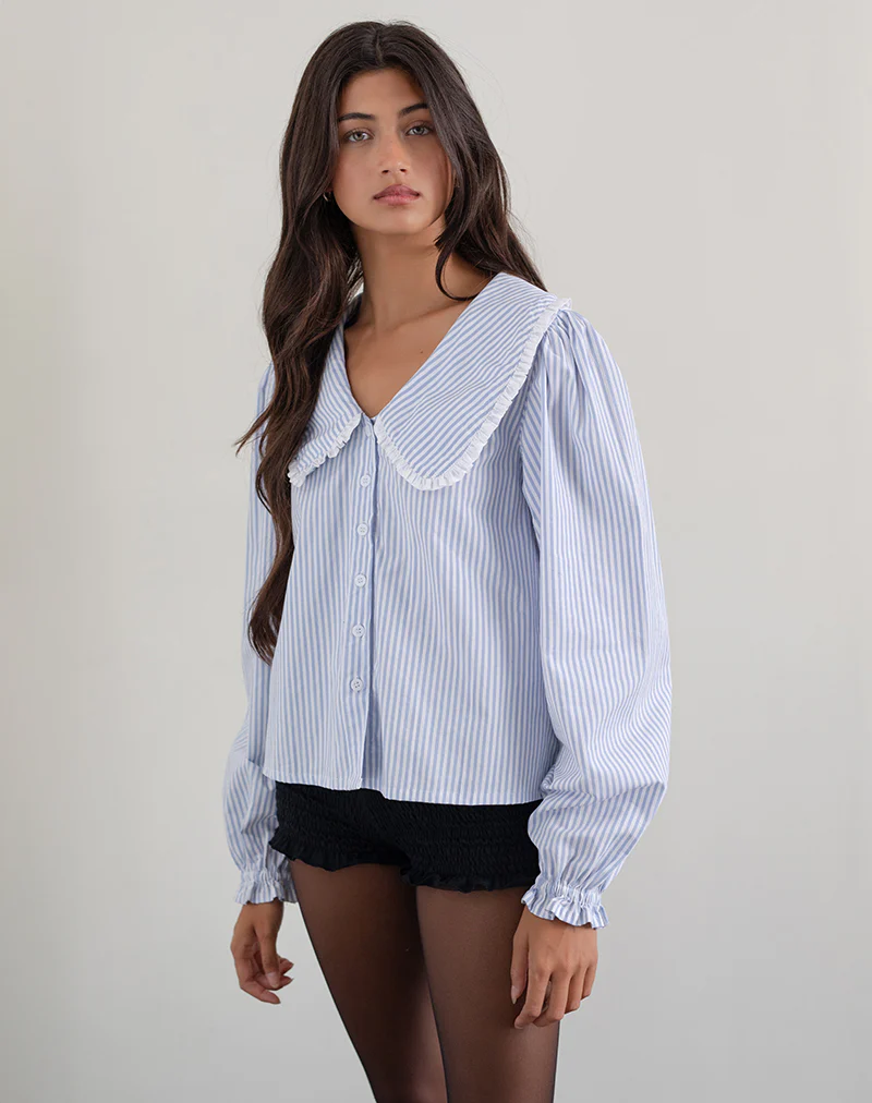 Nelcy Oversized Collared Shirt in Small Vertical Stripe Blue - Image 2
