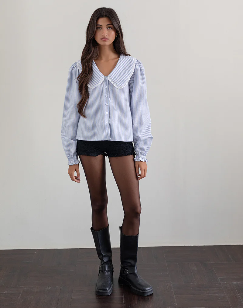 Nelcy Oversized Collared Shirt in Small Vertical Stripe Blue - Image 5