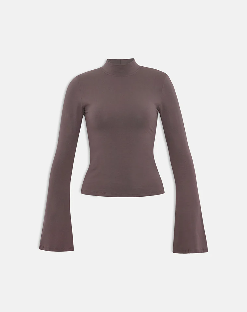 Nell High Neck Long Sleeve Top in Jersey Coffee Quartz - Image 2