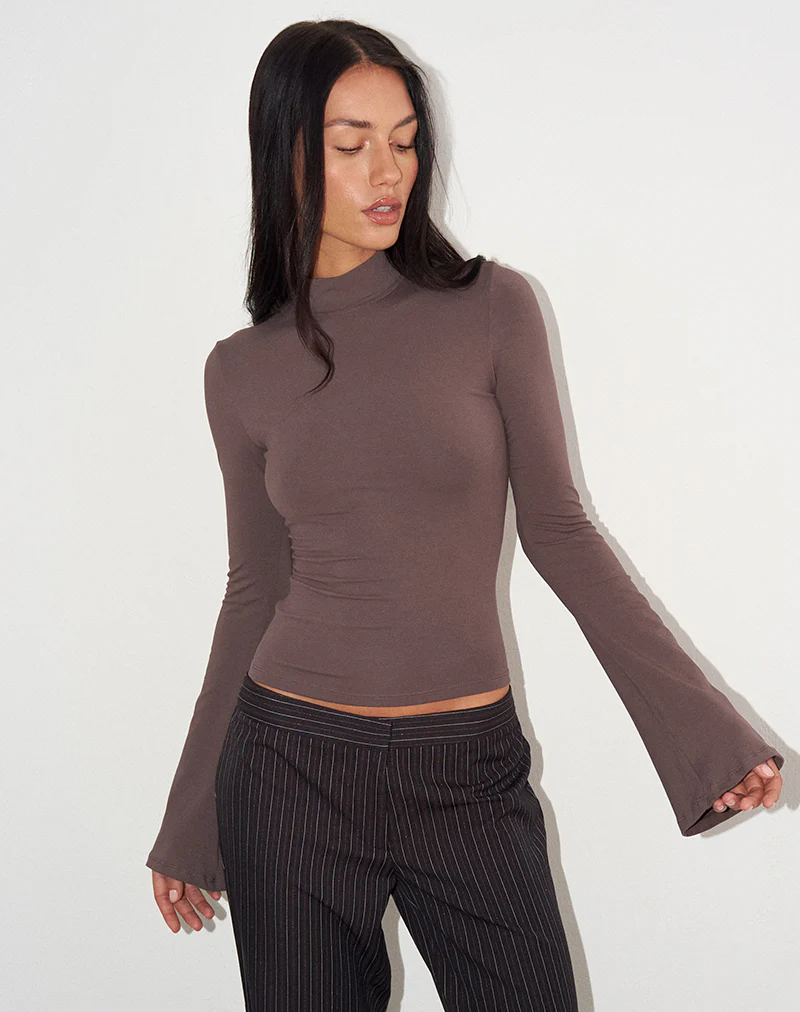 Nell High Neck Long Sleeve Top in Jersey Coffee Quartz - Image 3