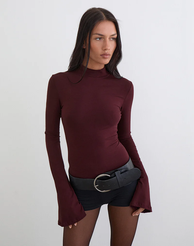 Nell High Neck Long Sleeve Top in Dark Plum - Image 4