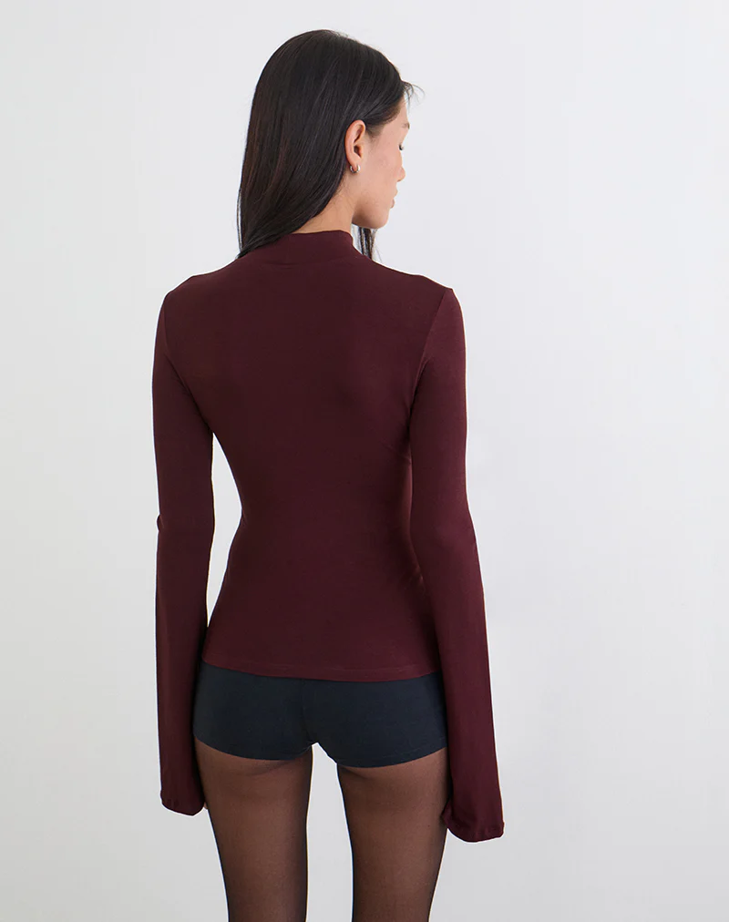 Nell High Neck Long Sleeve Top in Dark Plum - Image 5