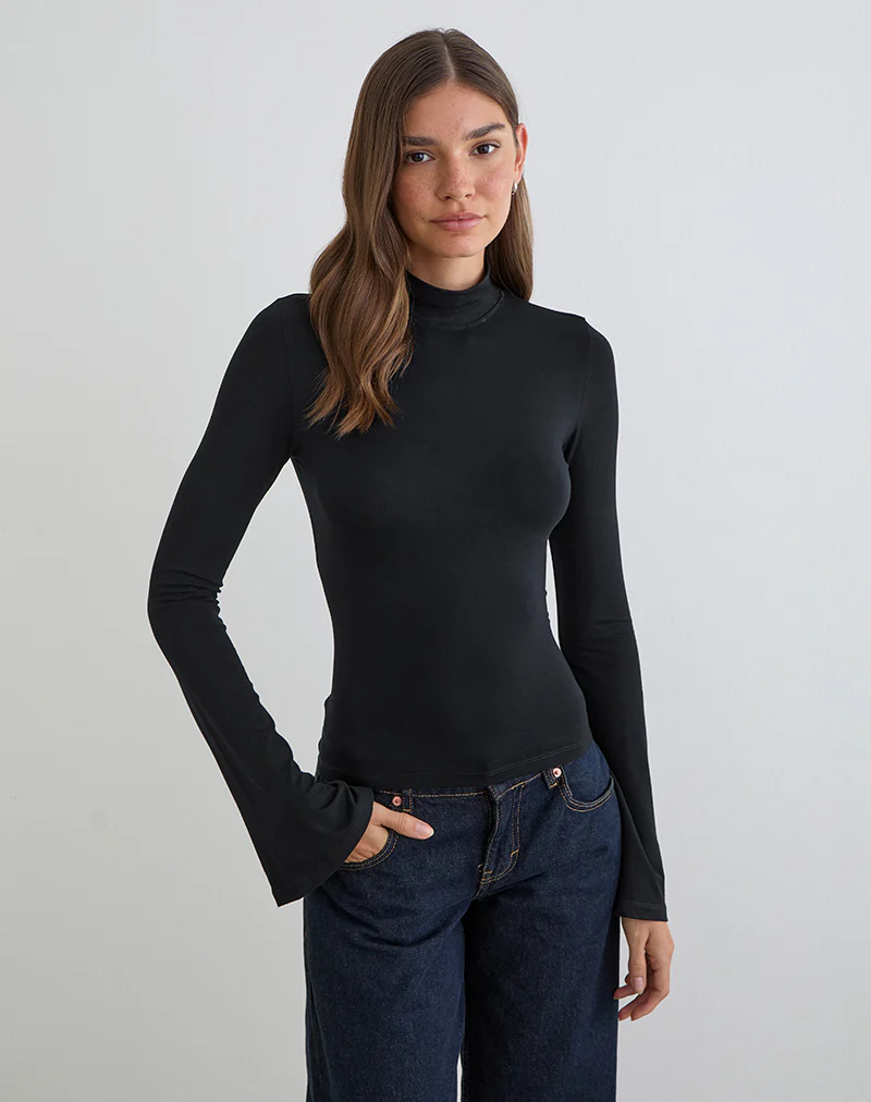 Nell High Neck Long Sleeve Top in Rayon Jersey Black - Image 3