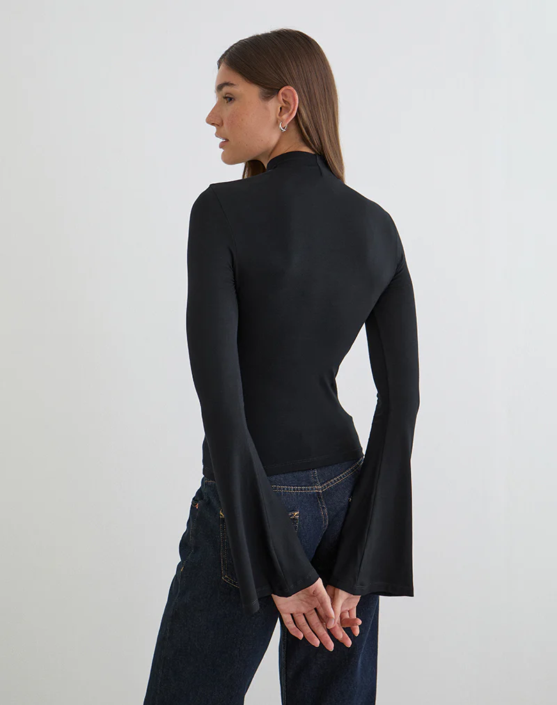 Nell High Neck Long Sleeve Top in Rayon Jersey Black - Image 4