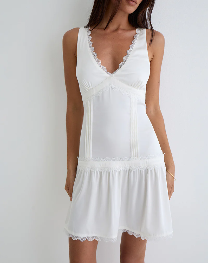 Nesha Ruffle Satin Mini Dress in White - Image 2