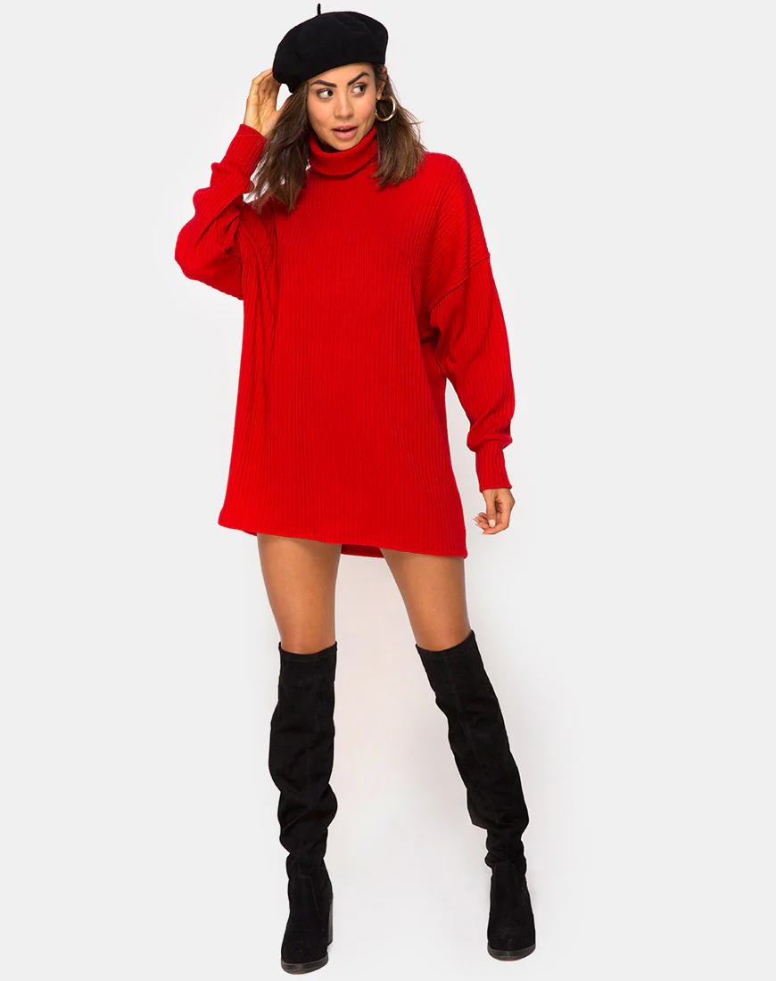 Neve High Neck Dress in Red - Image 3