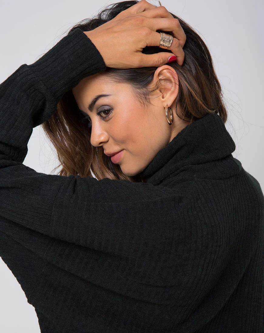 Neve Jumper Dress in Rib Knit Black - Image 3