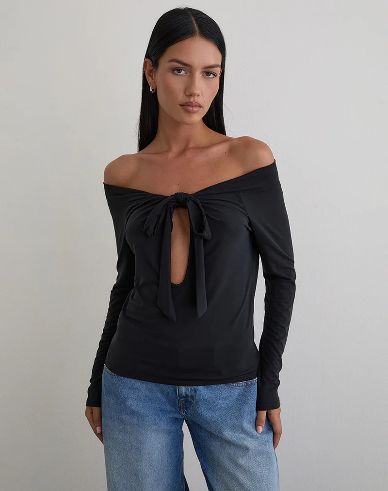Nezuko Multi Tie Long Sleeve Top in Cupro Black - Image 5