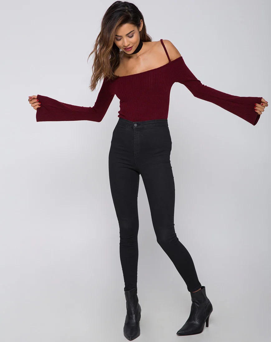 Niani Cold Shoulder Bodice in Rib Knit Burgundy - Image 3