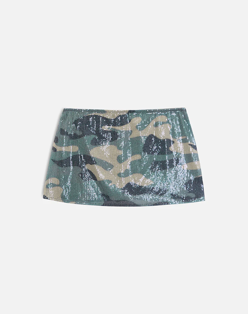 Nidya Mini Skirt in Camo Sequin Khaki Green - Image 5