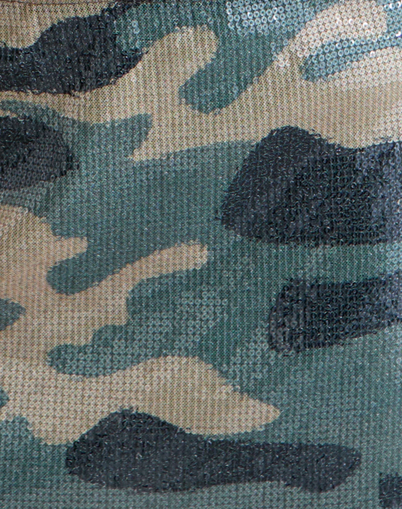 Nidya Mini Skirt in Camo Sequin Khaki Green - Image 6