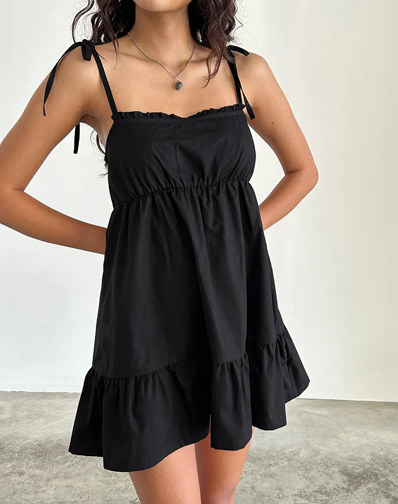 Nigta Tie Front Mini Dress in Poplin Black - Image 2