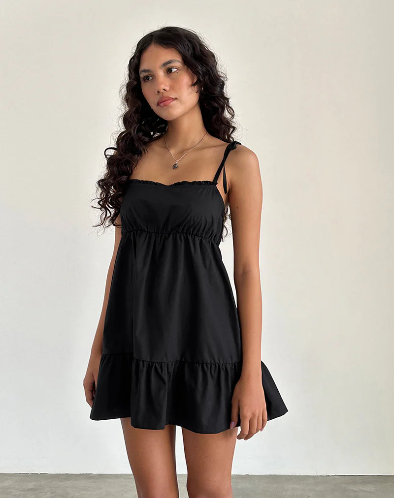 Nigta Tie Front Mini Dress in Poplin Black - Image 3