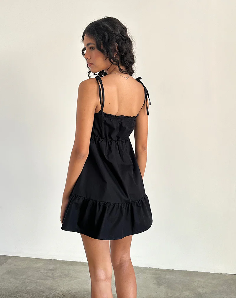 Nigta Tie Front Mini Dress in Poplin Black - Image 4