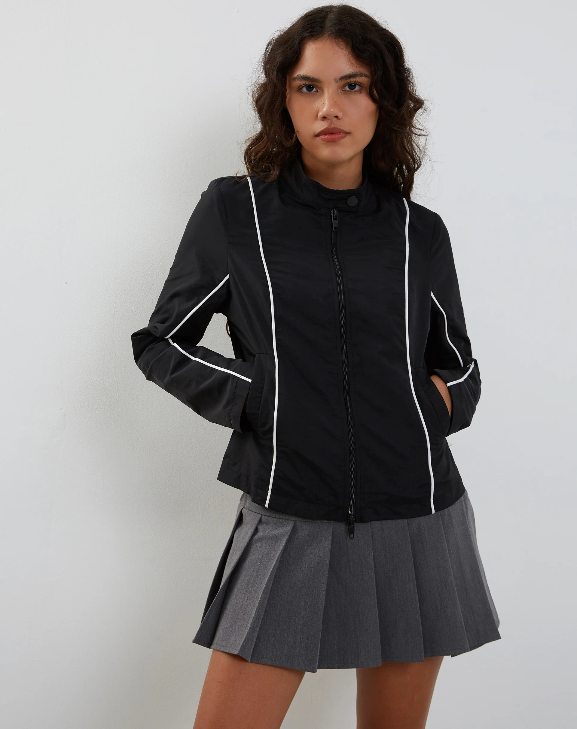Nila Zip Up Biker Jacket in Black Nylon - Image 2