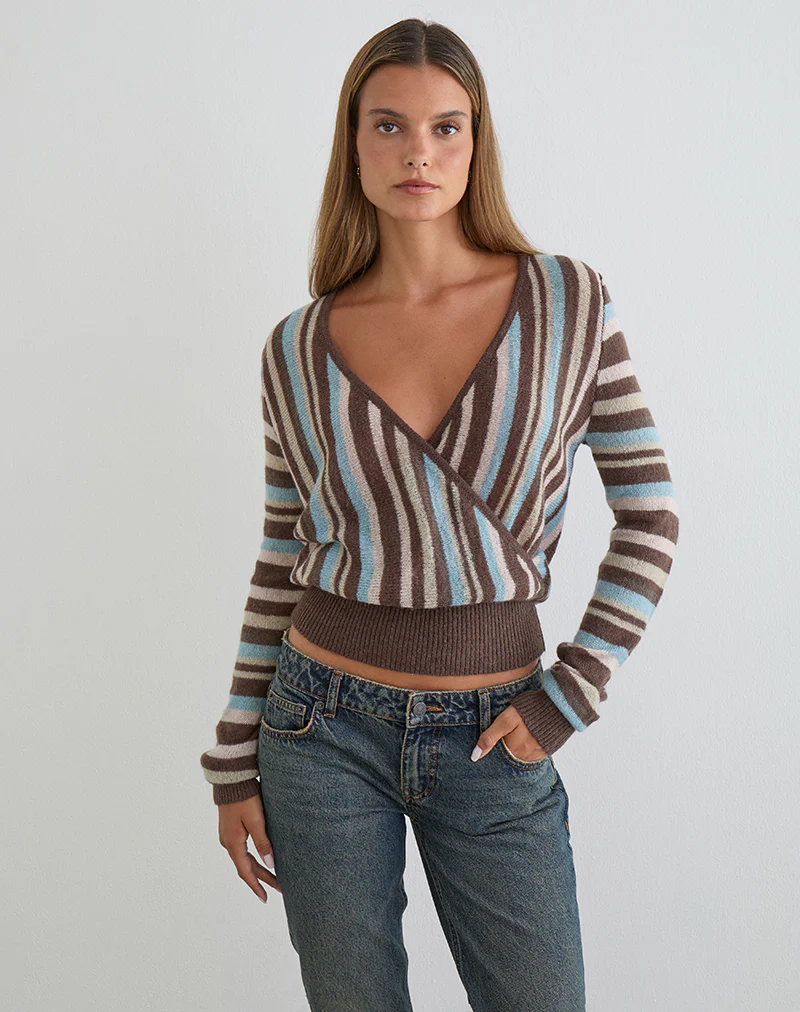 Nilza Wrap Top in Knit Stripe Brown - Image 2