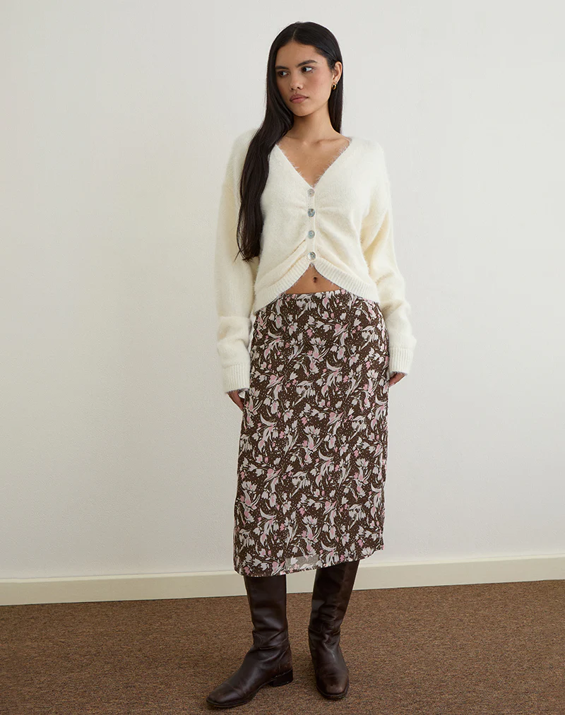 Nimas Midi Skirt in Brown and Pink Polka Flower Chiffon - Image 2