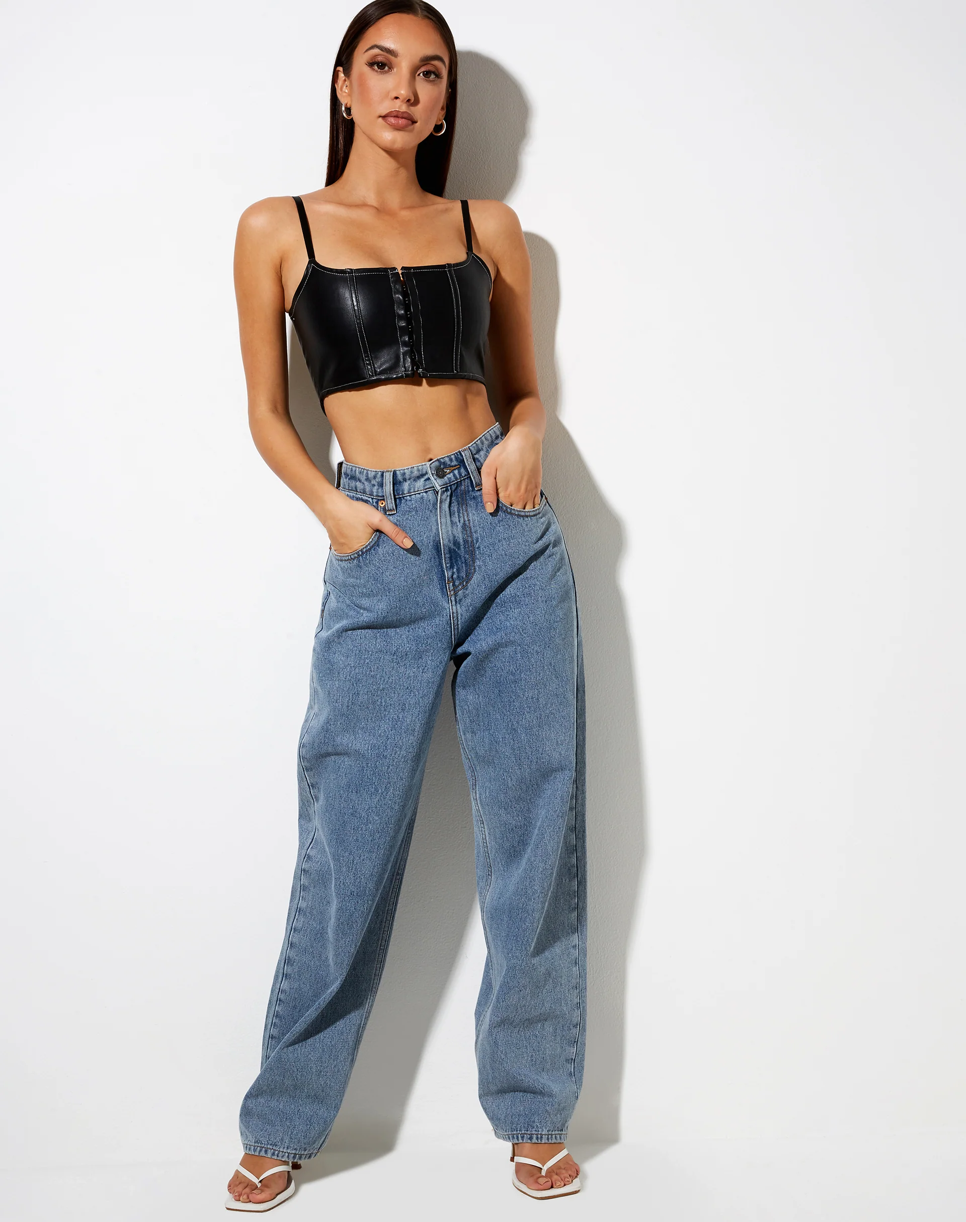 Nindy Crop Top in PU Black with White Stitch - Image 4