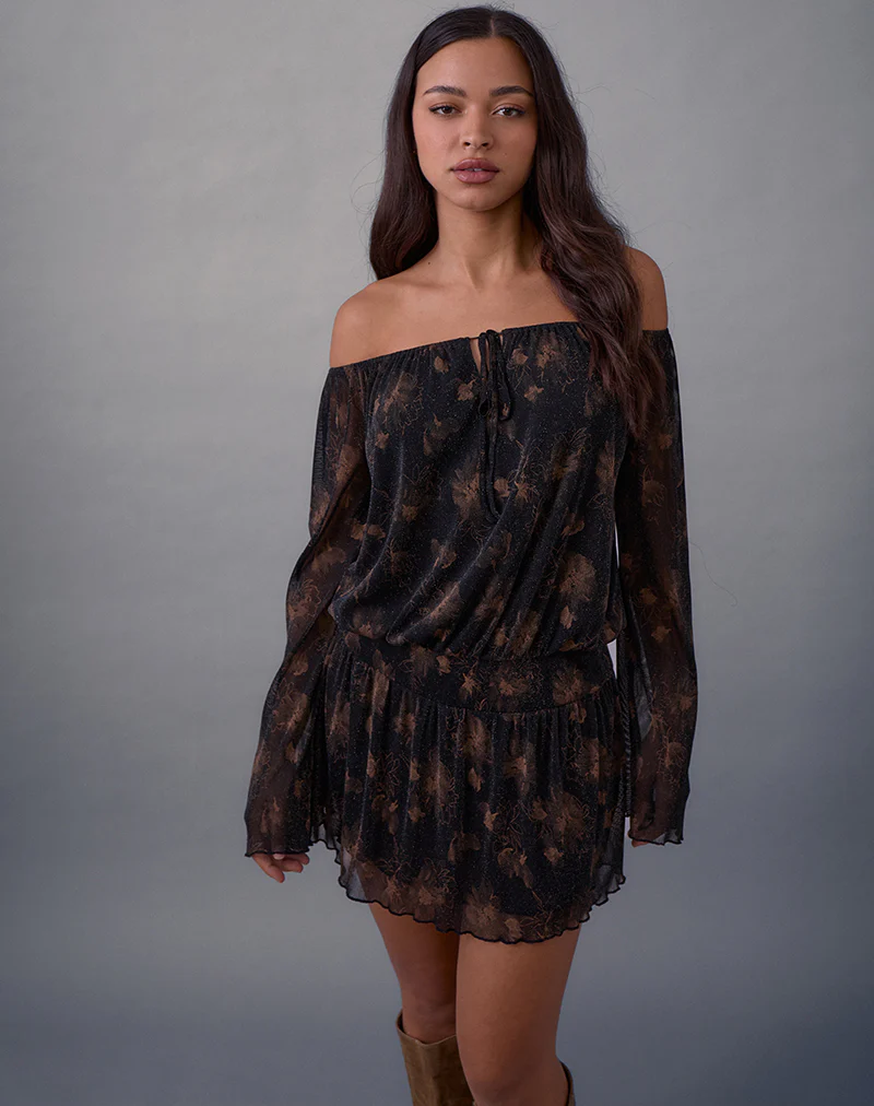 Nisha Long Sleeve Mini Dress in Black with Bronze Shimmer - Image 2