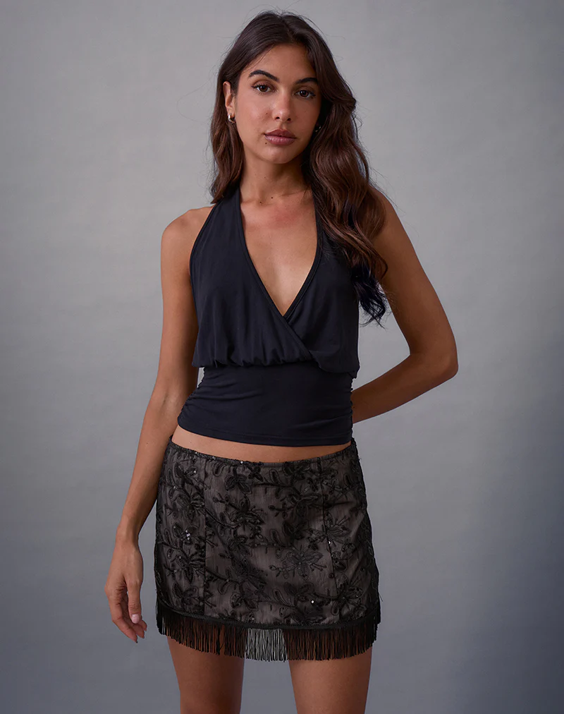 Nivia Mini Skirt in Tassle Floral Chiffon Sequin Black - Image 4