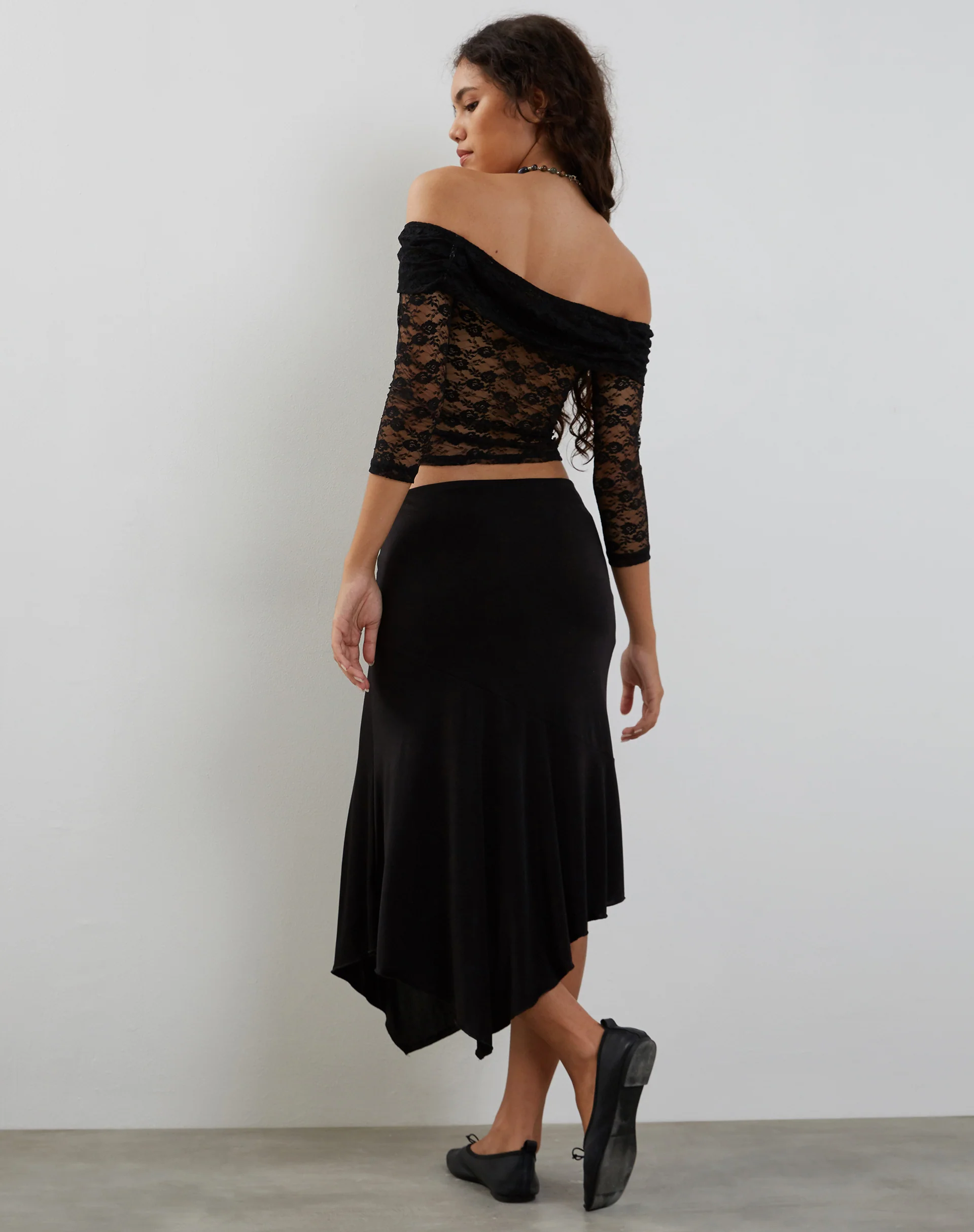 Nixie Long Sleeve Bardot Top in Lace Black - Image 3