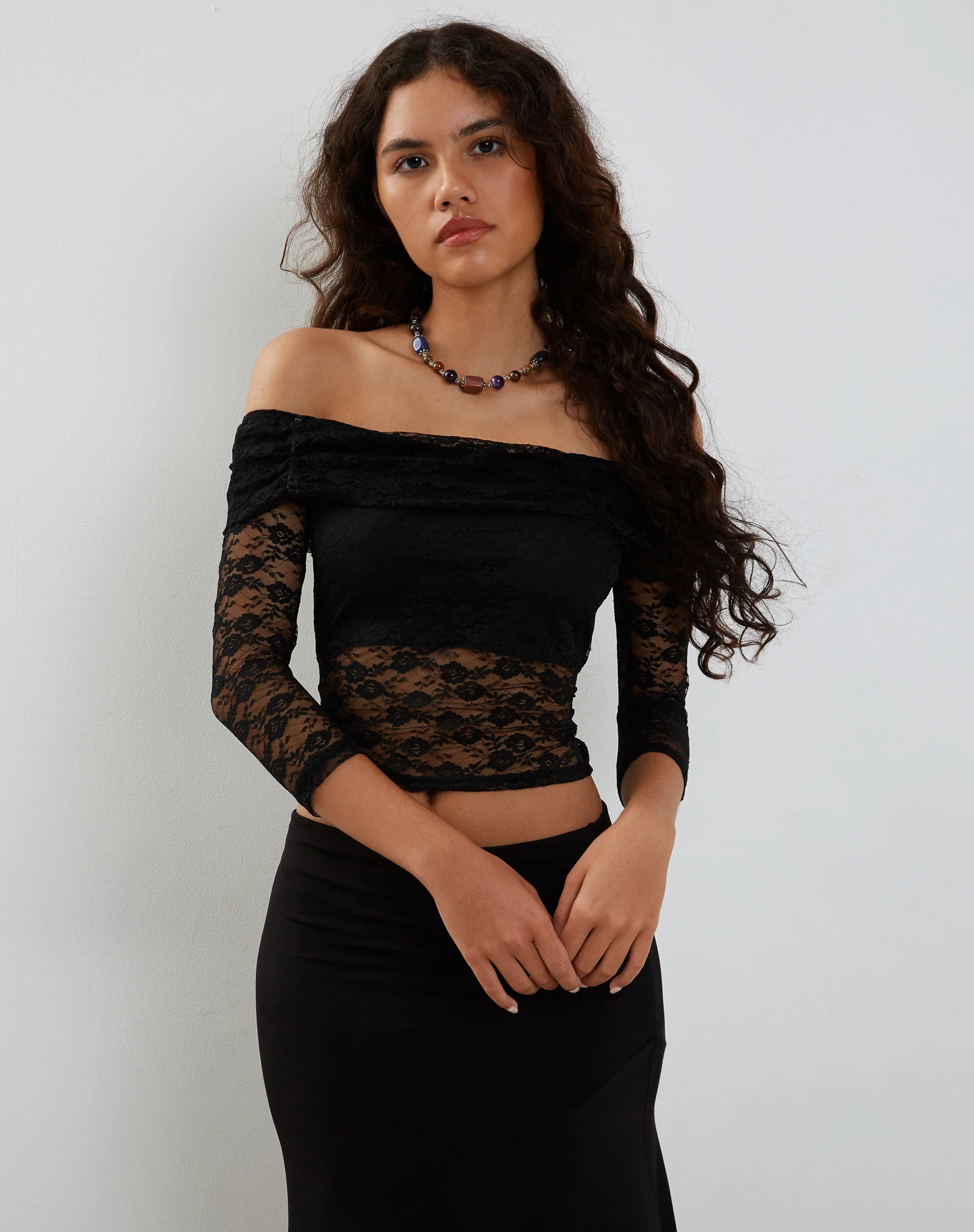 Nixie Long Sleeve Bardot Top in Lace Black - Image 4