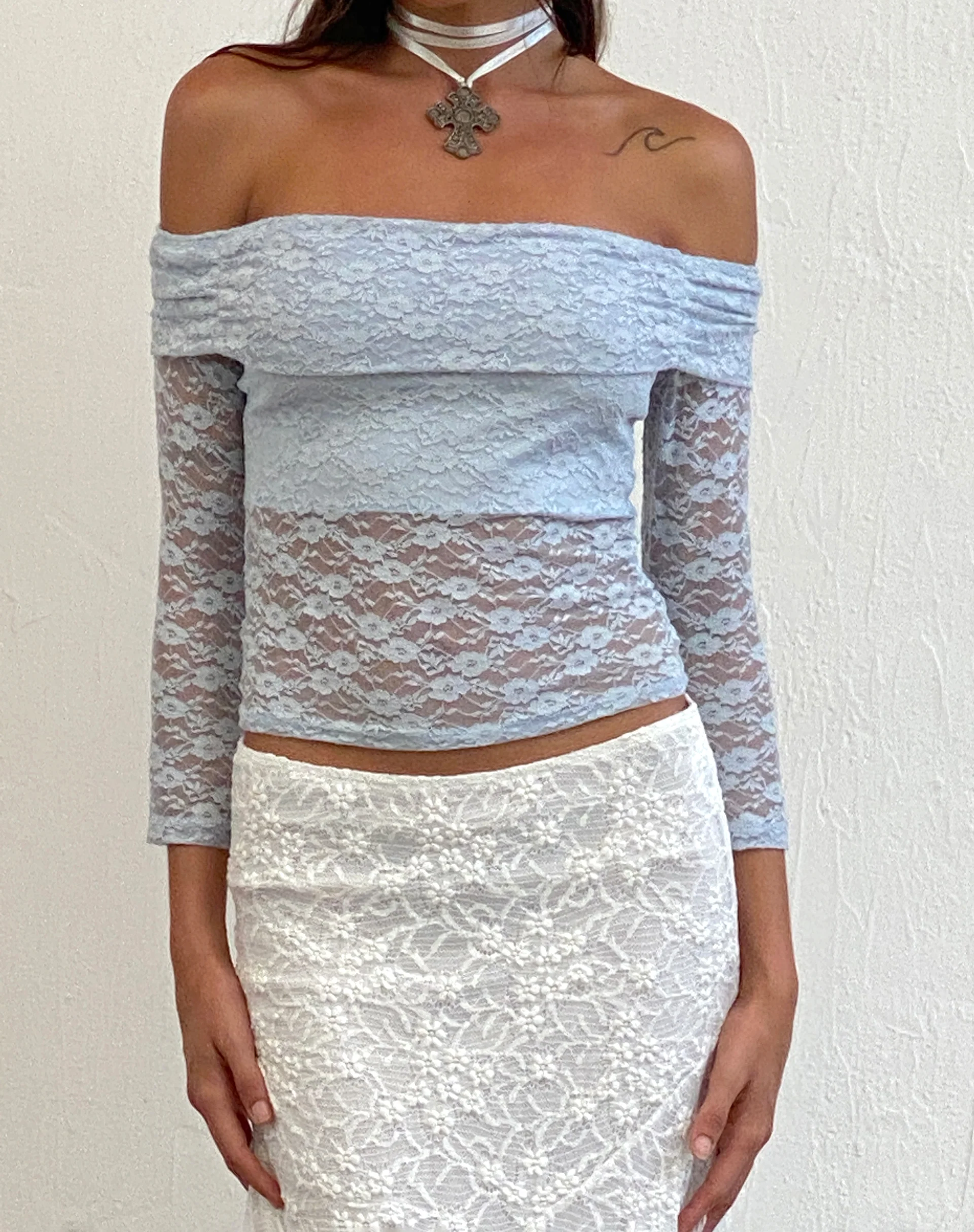 Nixie Long Sleeve Bardot Top in Lace Light Blue - Image 4