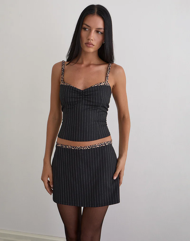 Niya Mini Skirt in Pinstripe Black with Leopard Binding - Image 2