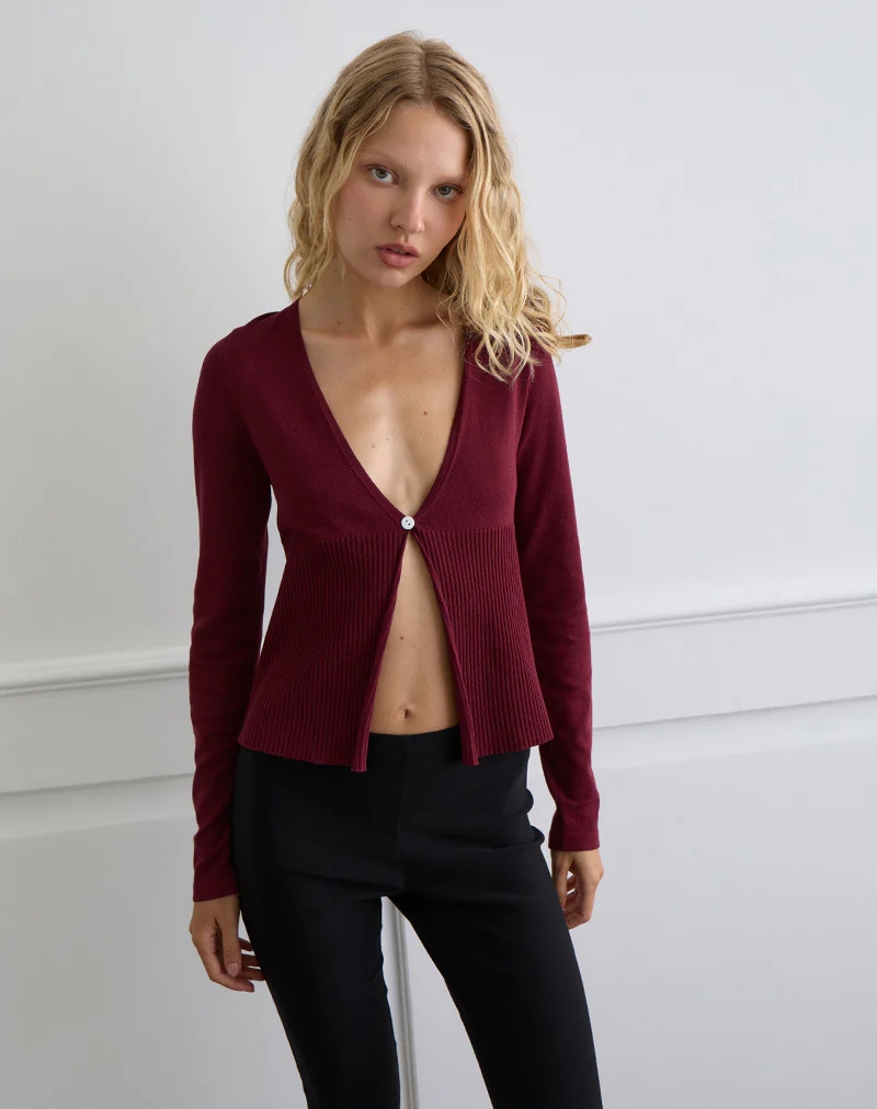 Niyah Long Sleeve Cardigan in Burgundy - Image 3