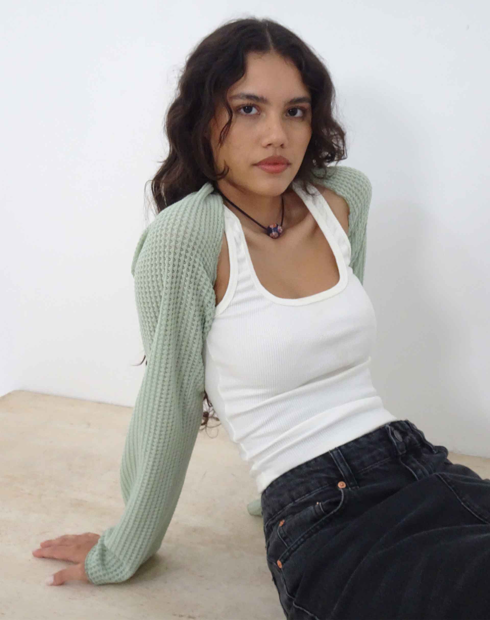 Nobila Shrug Top in Sage Textured Crochet - Image 2