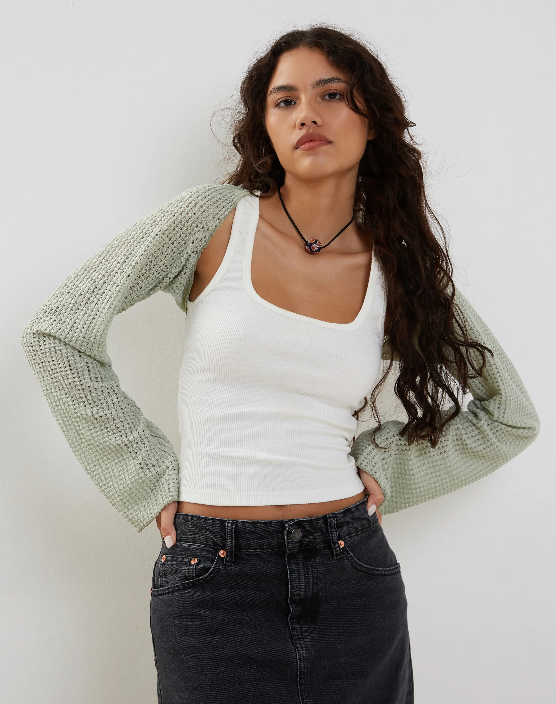 Nobila Shrug Top in Sage Textured Crochet - Image 4