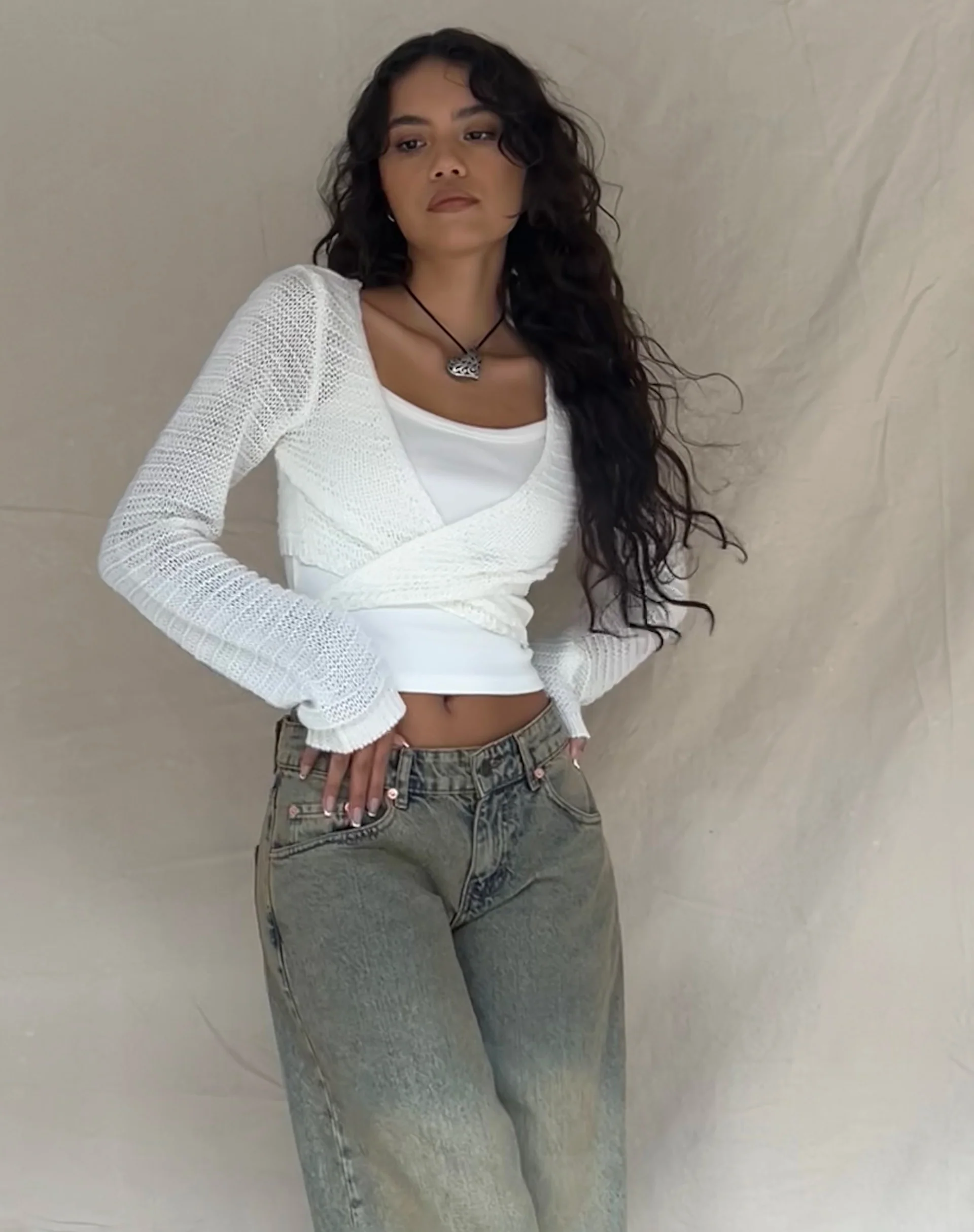 Nocta Long Sleeve Crop Top in Weave Knit Ivory - Image 6