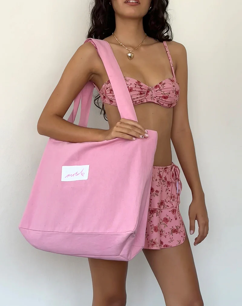 Nola Tote Bag in Flamingo Pink with Motel Love Embroidery - Image 4