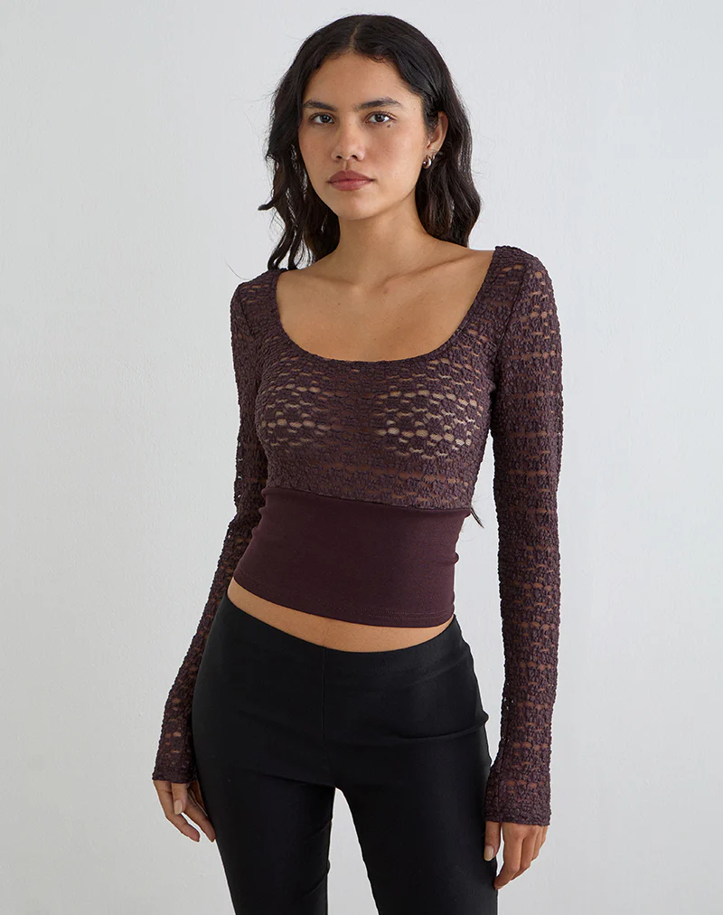 Nolita Ribbed Waist Top in Lace Dark Plum