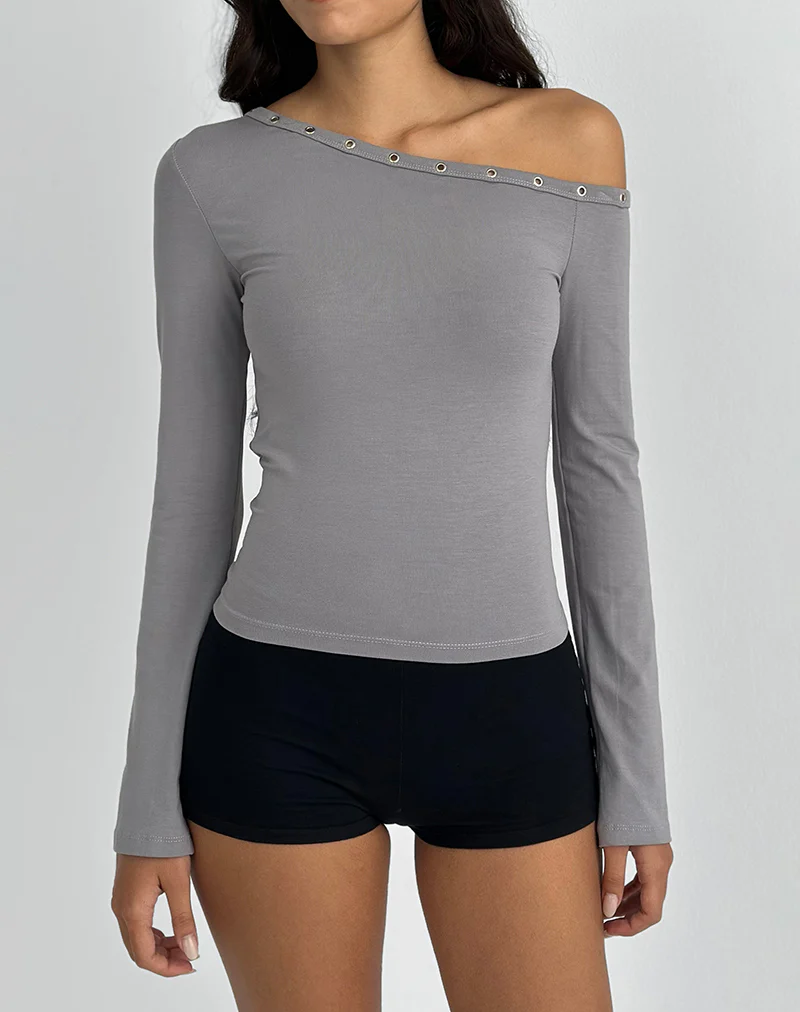 Noraba One Shoulder Top in Grey with Eyelets - Image 4