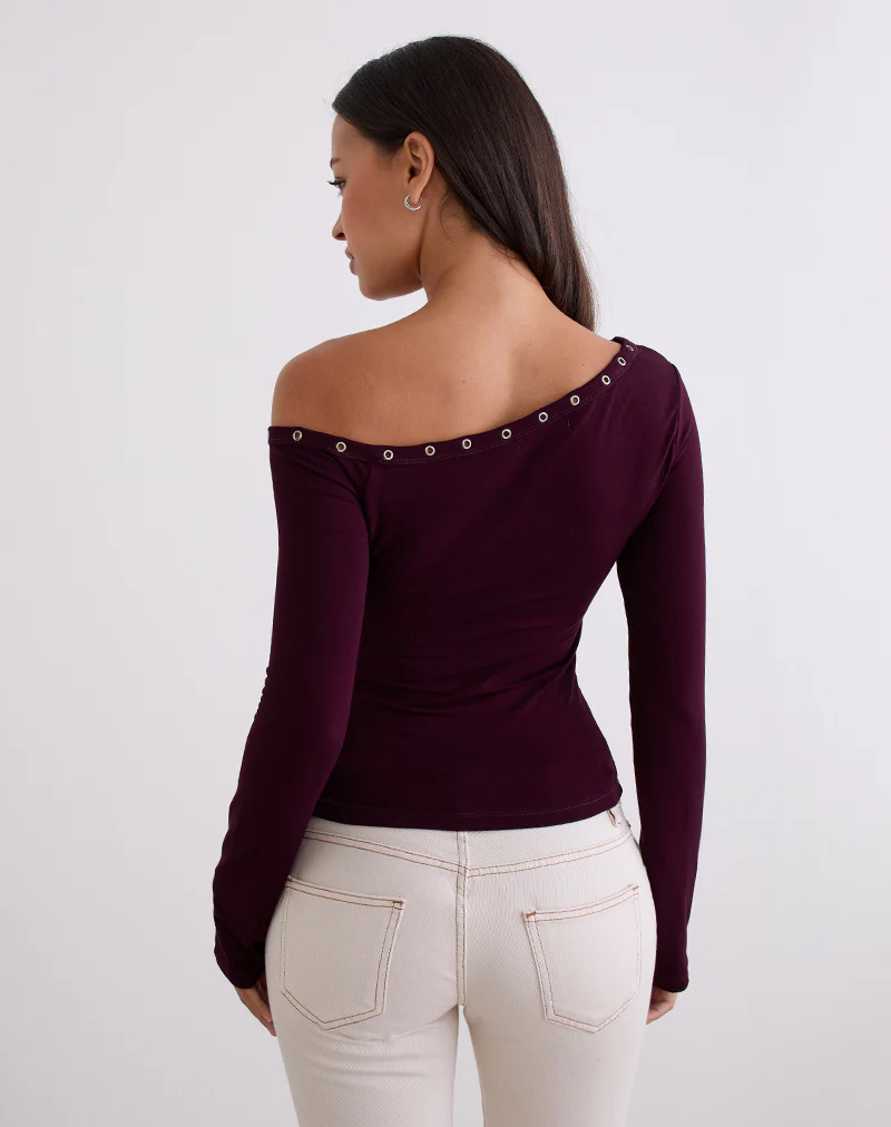Noraba One Shoulder Top in Red Wood with Eyelets - Image 4