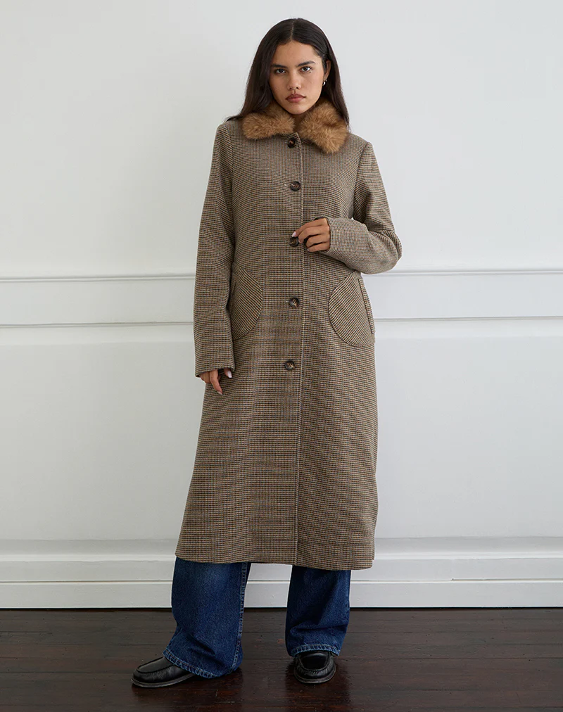 Norciel Longline Coat in Check Brown with Fur Collar - Image 3