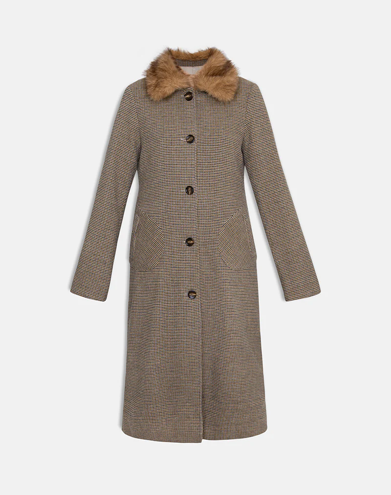 Norciel Longline Coat in Check Brown with Fur Collar - Image 4