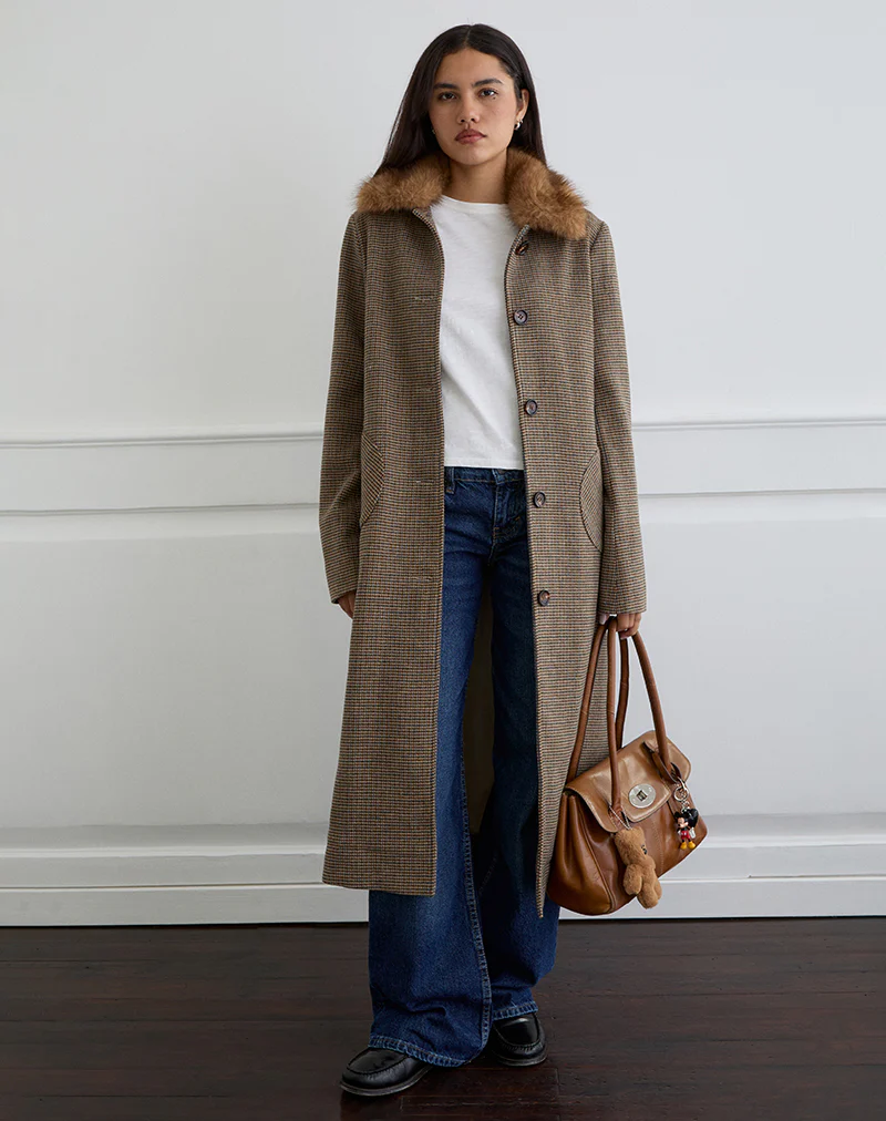 Norciel Longline Coat in Check Brown with Fur Collar - Image 5