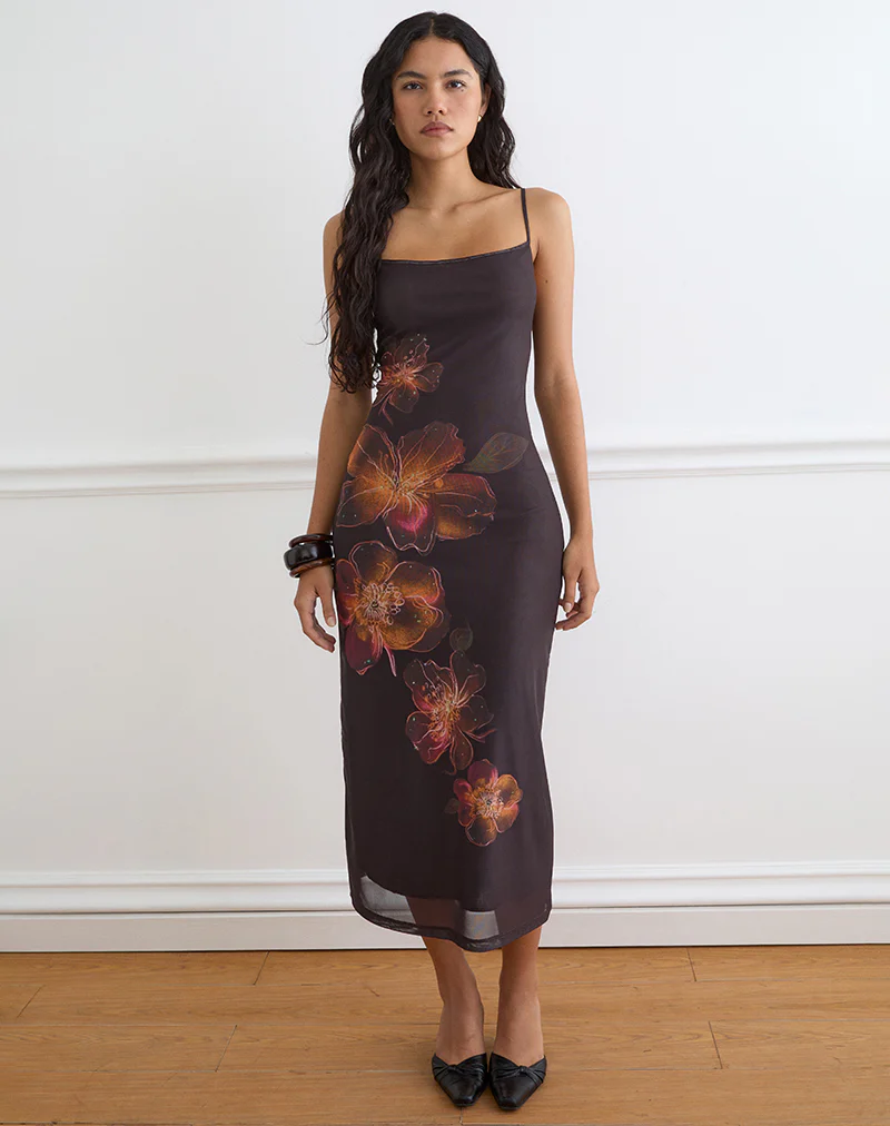 Nori Midi Dress in Brown with Orange Vibrant Lotus Print - Image 3