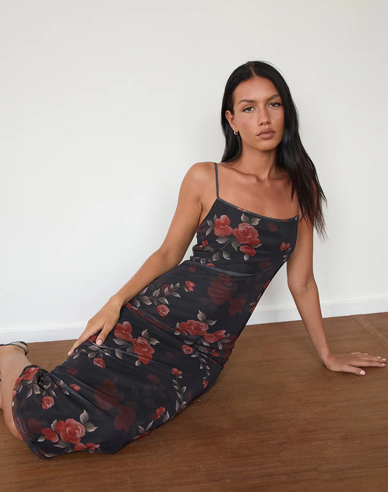 Nori Midi Dress in Watercolour Rose Black - Image 2