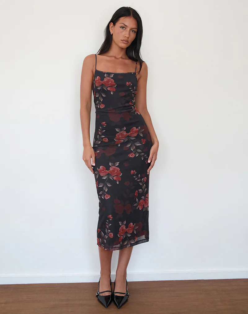 Nori Midi Dress in Watercolour Rose Black - Image 4