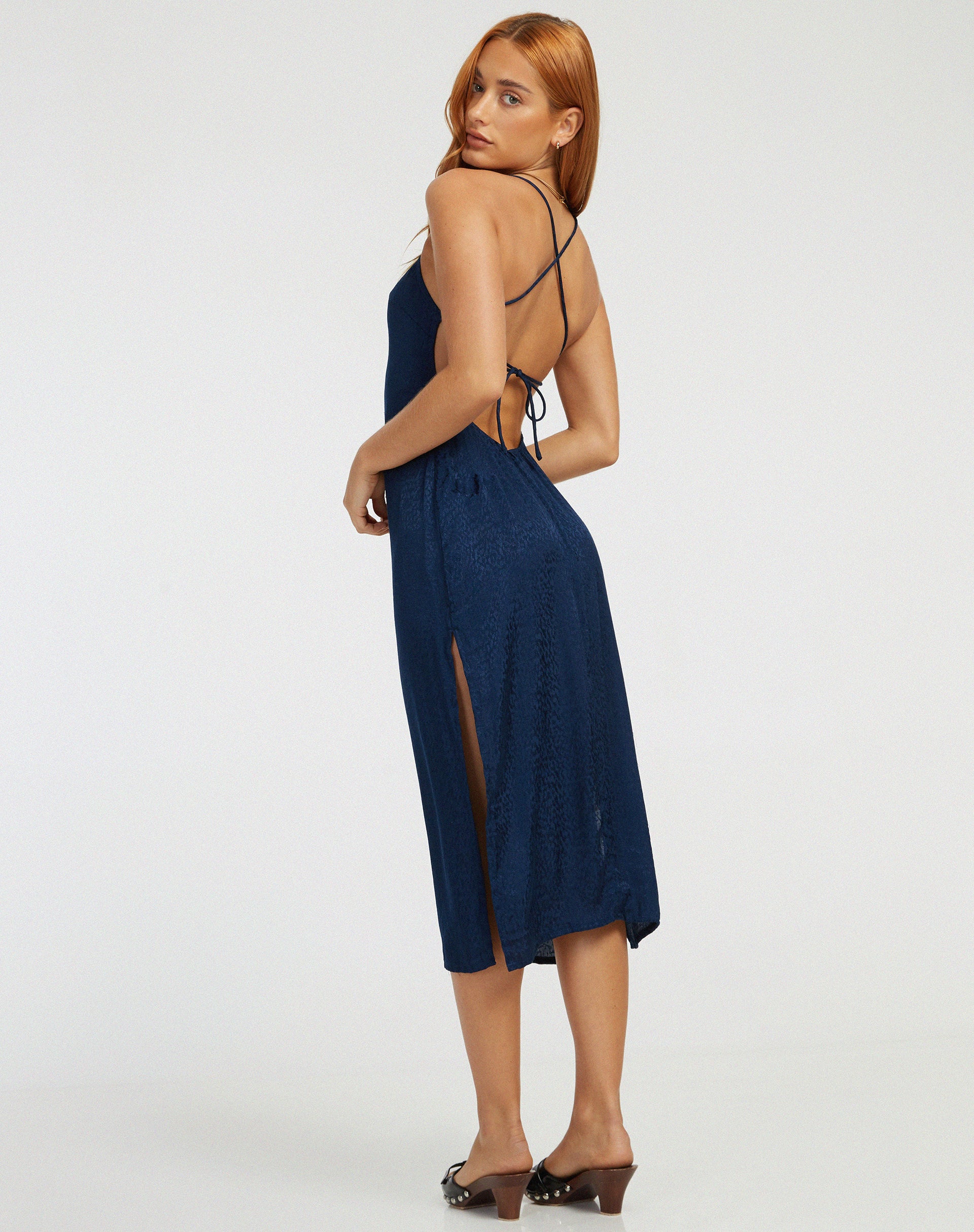 Nosita Midi Dress in Satin Cheetah Navy - Image 4