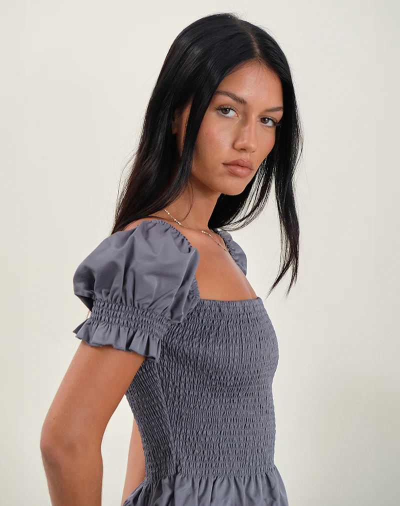 Notina Puff Sleeve Top in Shirred Grey - Image 3