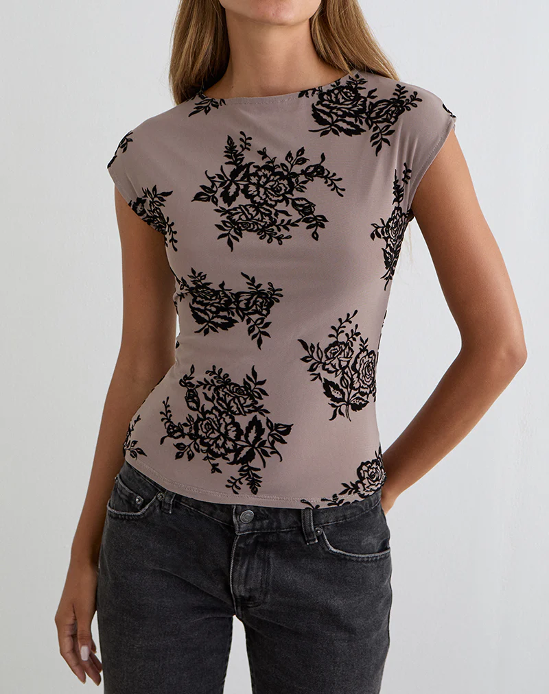 Nova Top in Taupe Grey with Bold Floral Flock - Image 2