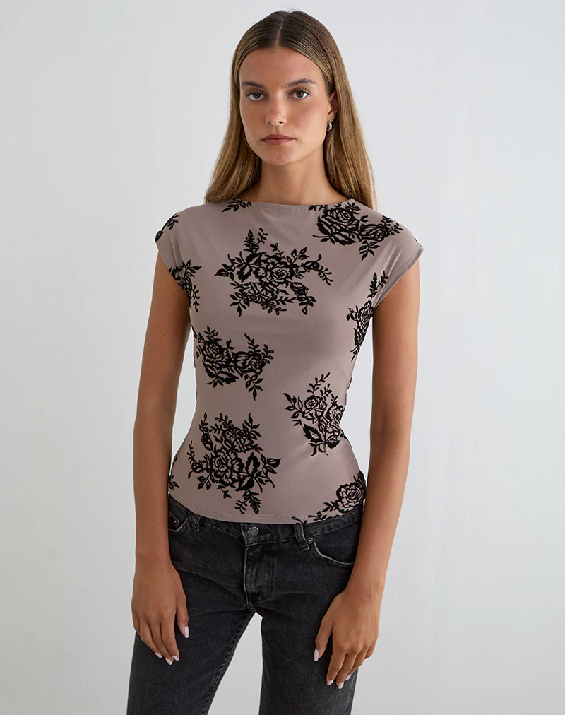 Nova Top in Taupe Grey with Bold Floral Flock - Image 5