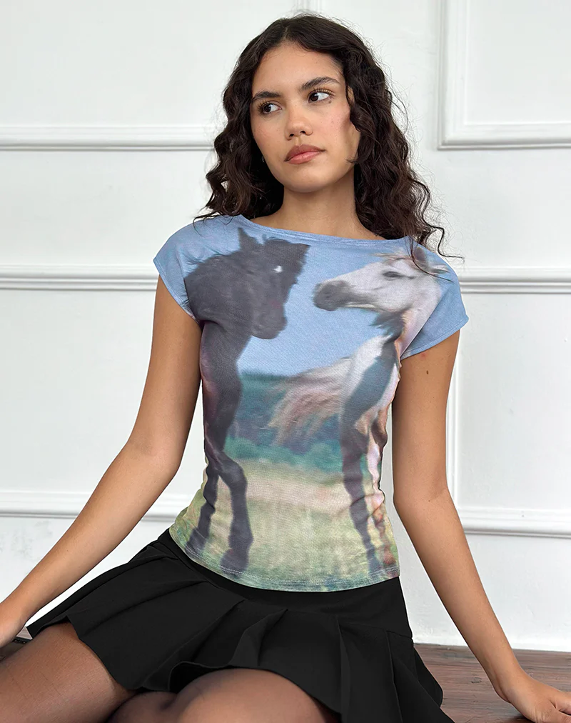 Nova Top in Blue Mesh Horses Print - Image 5