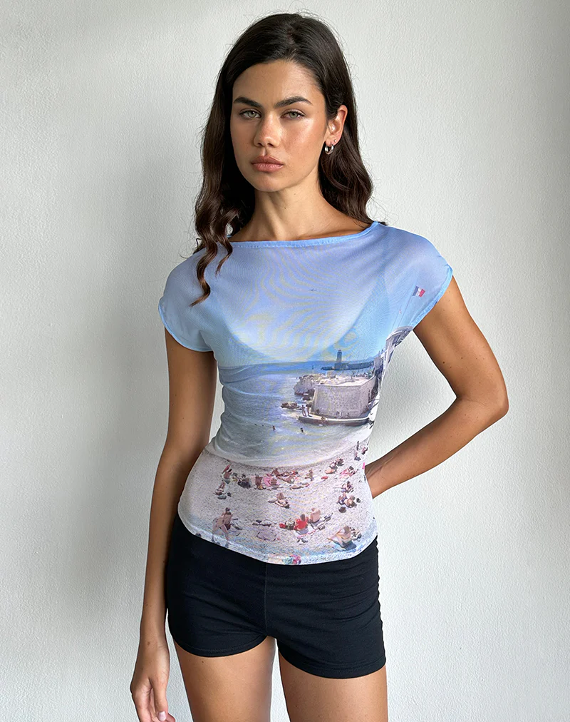 Nova Top in Printed Mesh Cote D'Azur Blue Graphic - Image 4